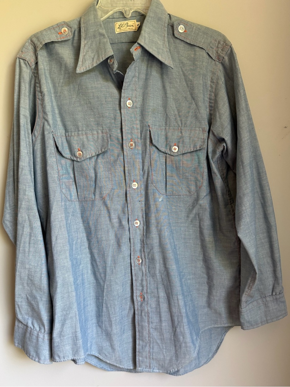 Vintage 70’s L.L. Bean Men's Chambray Button-Down Shirt with orange stitching 16